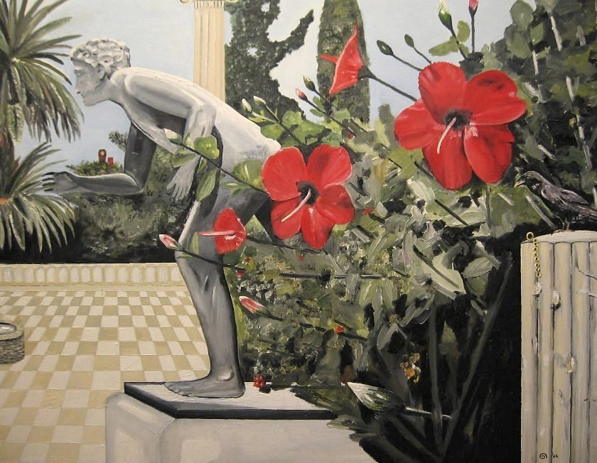 Peter Boonstra kunstschilder, Almere, Olieverf Schilderij 2003 80x100cm, Beeld met Raaf, Griekenland